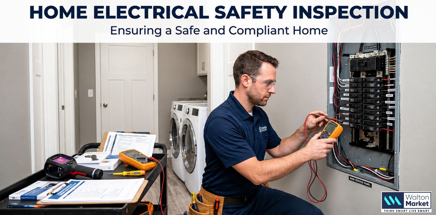 A licensed electrician inspecting a home electrical panel, checking circuit breakers and wiring for safety hazards. Ensuring code-compliant connections to protect the household from electrical risks and potential fire hazards.