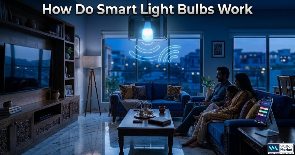 A premium smart LED bulb glowing with soft blue and white light in a modern Pakistani living room controlled wirelessly through a smartphone app.