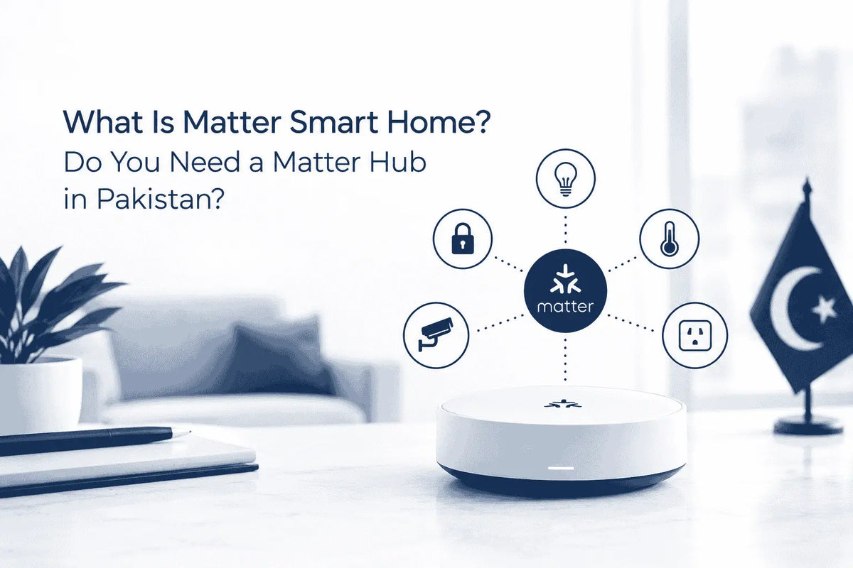 Matter smart home guide in Pakistan showing a central hub device connected to IoT icons like lights, locks, and security.