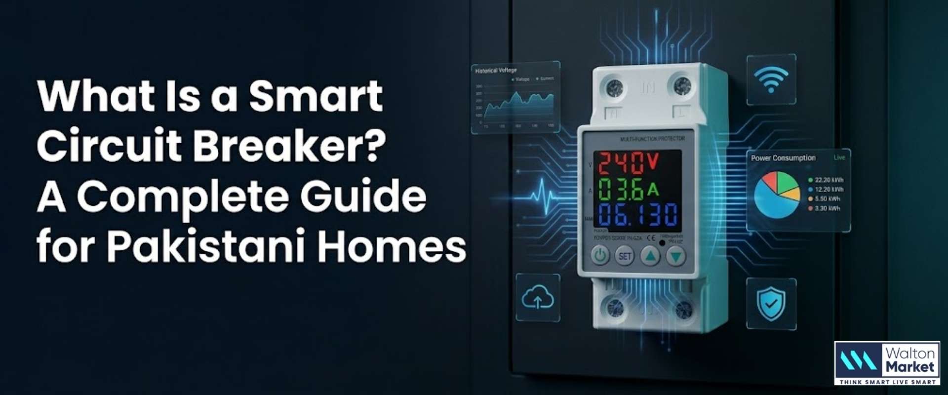 Smart circuit breaker complete guide for Pakistani homes showing types, prices, and voltage protection features available at Walton Market Pakistan.