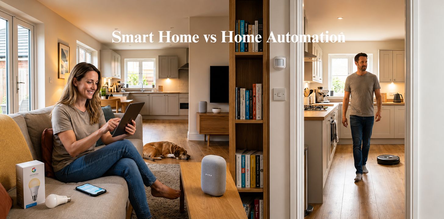 Split-screen smart home comparison showing a woman controlling devices by tablet and a man using automated home technology indoors.