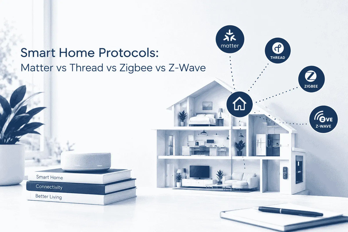 Smart home protocols guide comparing Matter, Thread, Zigbee, and Z-Wave standards with a cutaway house model.