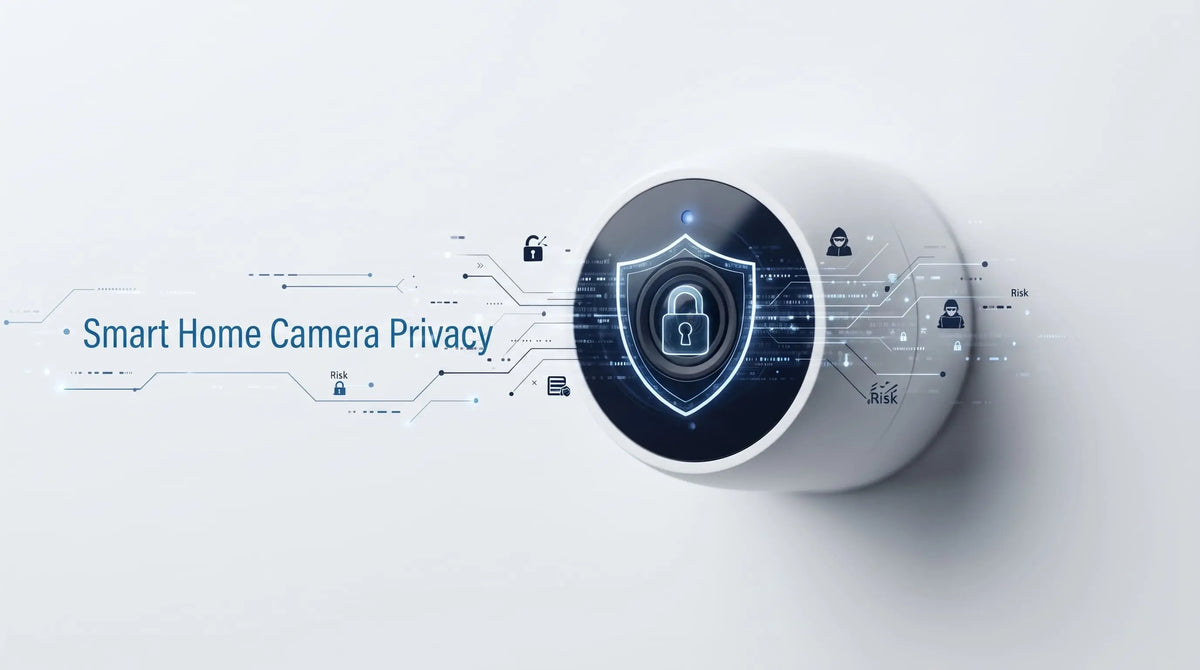 Smart home camera lens with a digital privacy shield, lock, and risk icons.