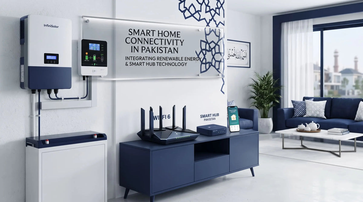 Smart home connectivity setup in Pakistan featuring a Wi-Fi 6 router, smart hub, and hybrid solar inverter.