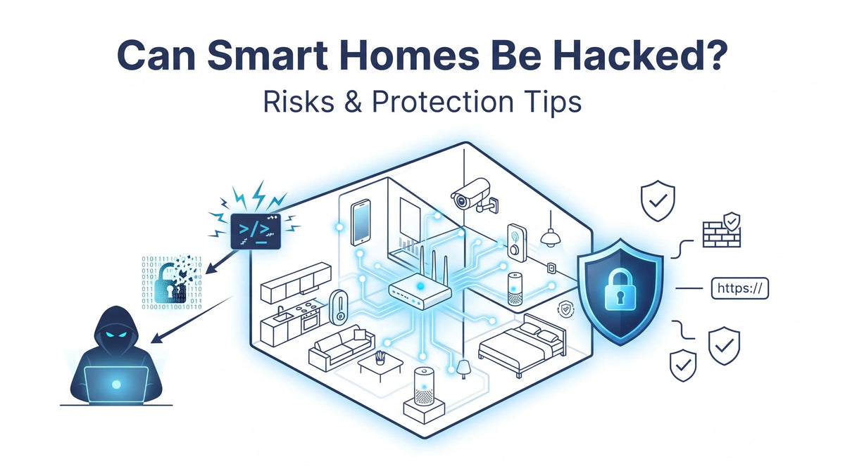 Smart home security architecture illustrating cyber attack vectors, encrypted routing, and perimeter firewall defense.