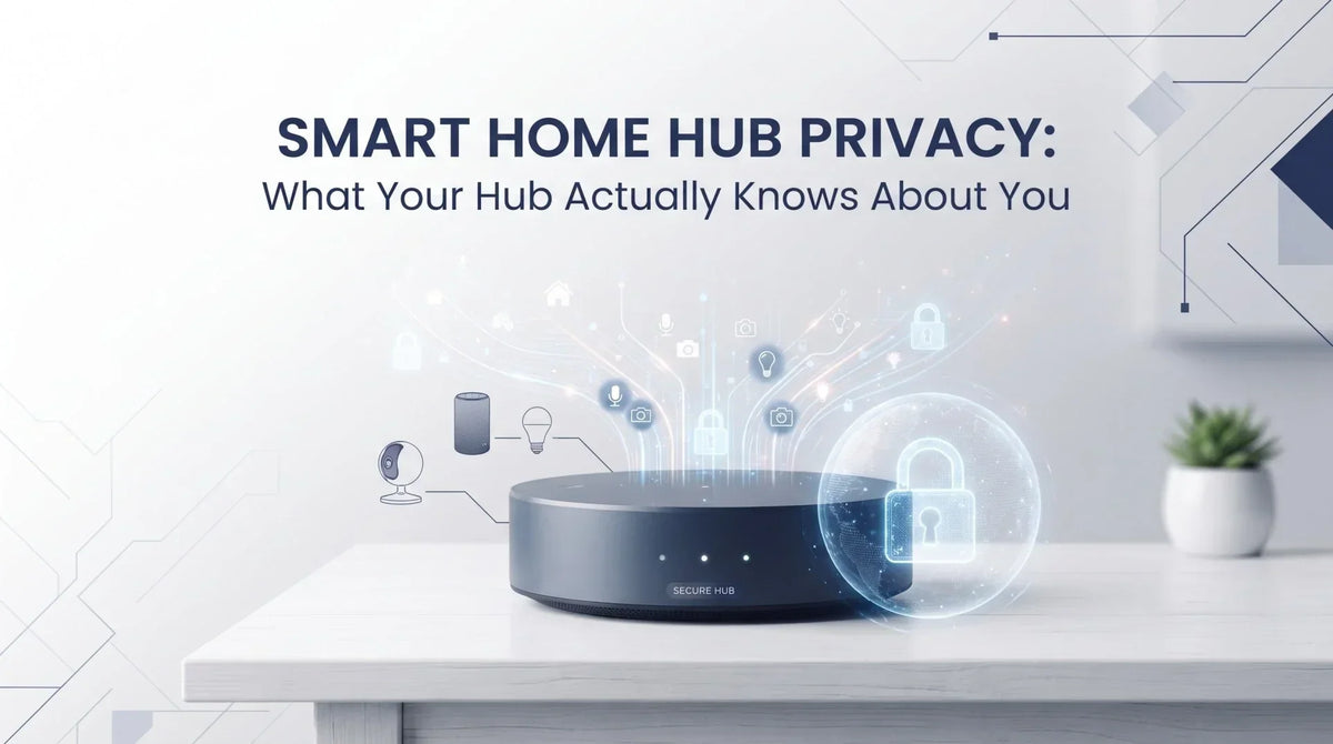 Smart home hub privacy showing a central device connected to cameras, lights, and a glowing padlock icon.