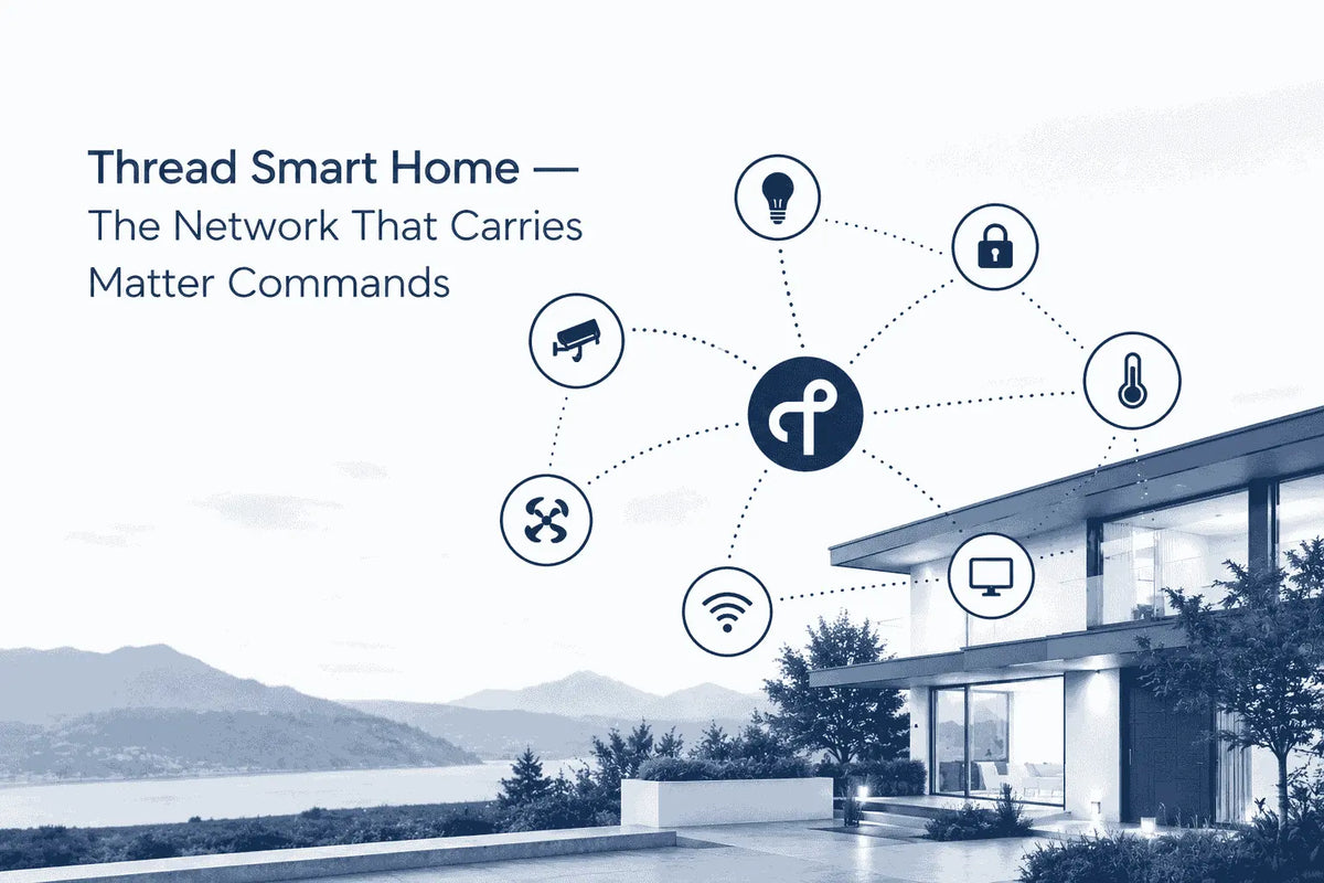 Thread smart home network diagram featuring a central hub linked to smart lighting, security, and home automation.