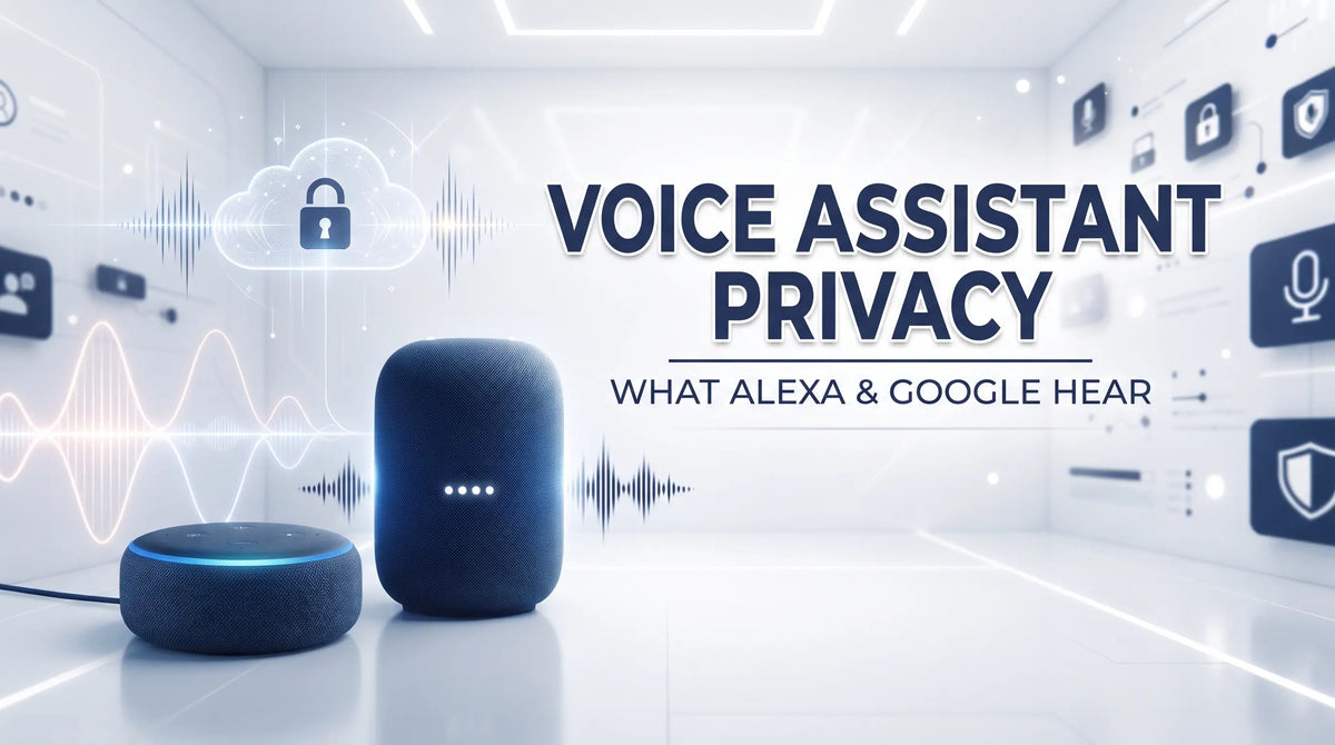 Voice assistant privacy guide showing Amazon Echo and Google Home speakers with sound waves and a cloud padlock icon.
