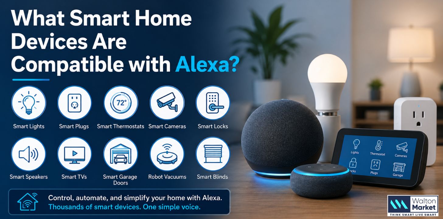Modern smart home devices compatible with Alexa including lights, plugs, cameras, locks, speakers, thermostats and automation controls for living spaces.