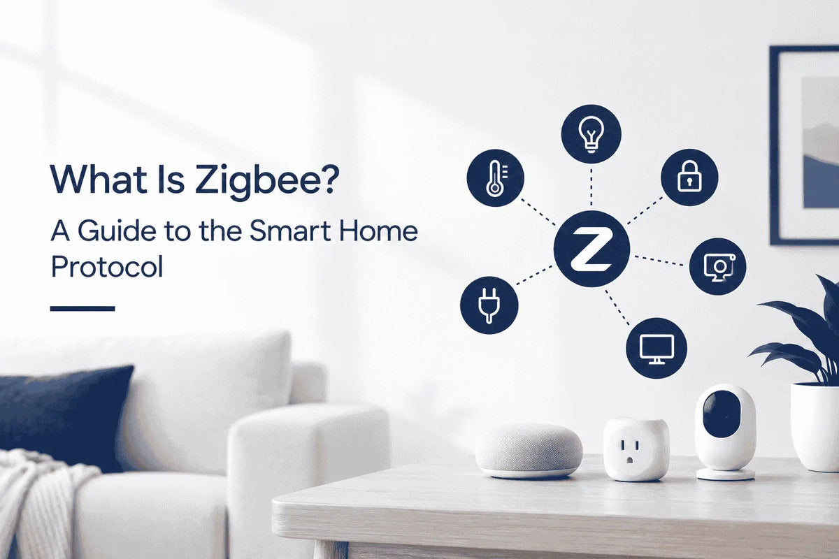 Zigbee smart home protocol overview featuring a central hub diagram linked to smart lighting, security, and sensors.