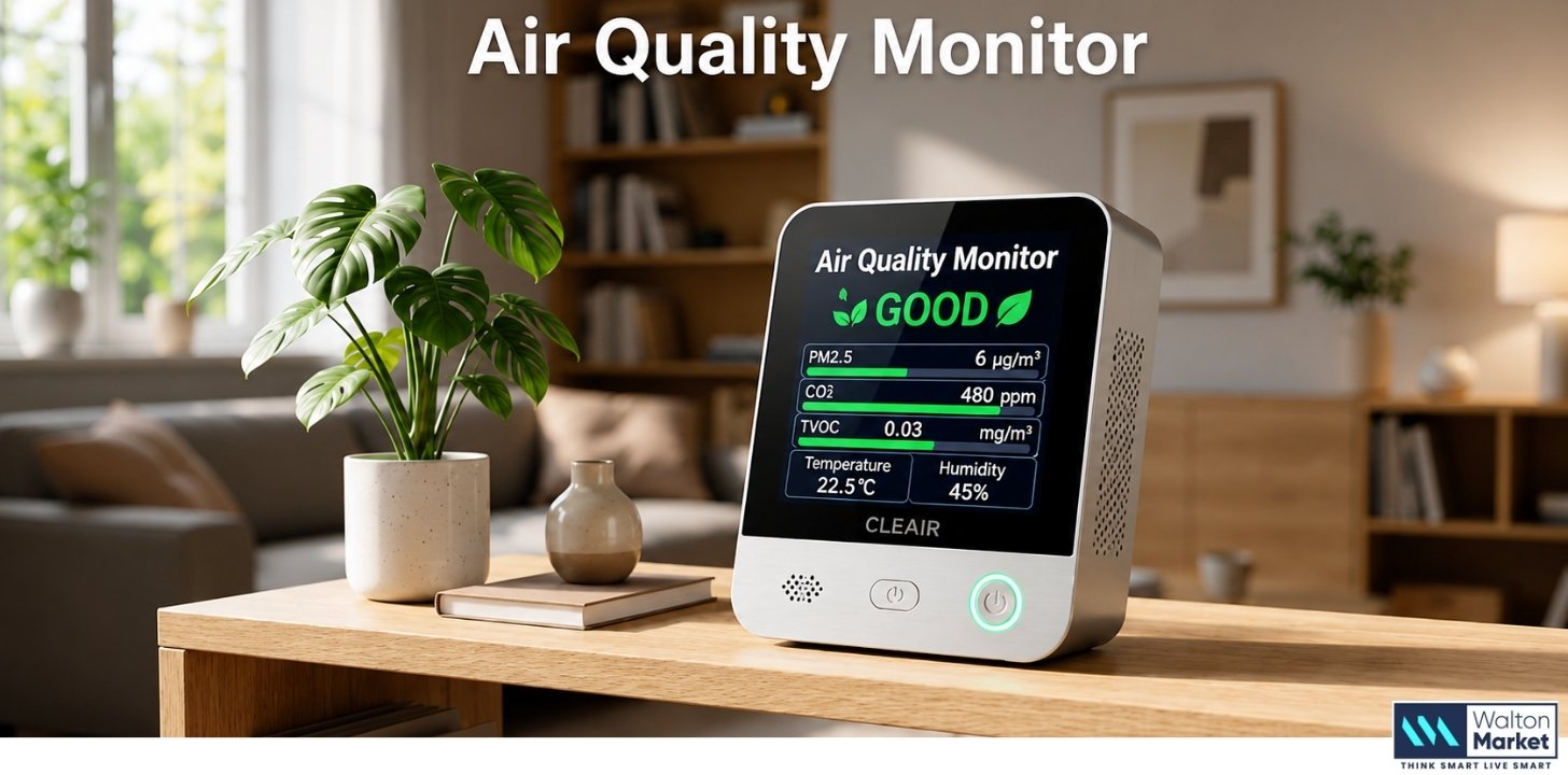 **Alt text (under 120 characters):**  **Air quality monitor displaying PM2.5, CO2, TVOC, temperature, and humidity levels on a modern home table.**