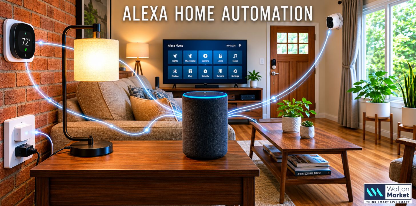 Modern smart home living room featuring Alexa automation connecting devices like speaker thermostat lights camera TV with glowing interface network