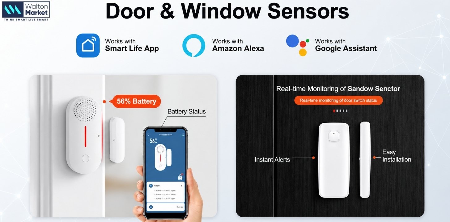 Walton Market door and window sensors with Smart Life, Alexa, Google Assistant, battery monitoring, alerts, and easy setup.