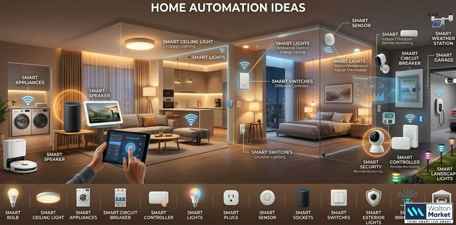 "A detailed home automation infographic showing smart devices like bulbs, switches, sensors, and security cameras installed throughout a modern home."