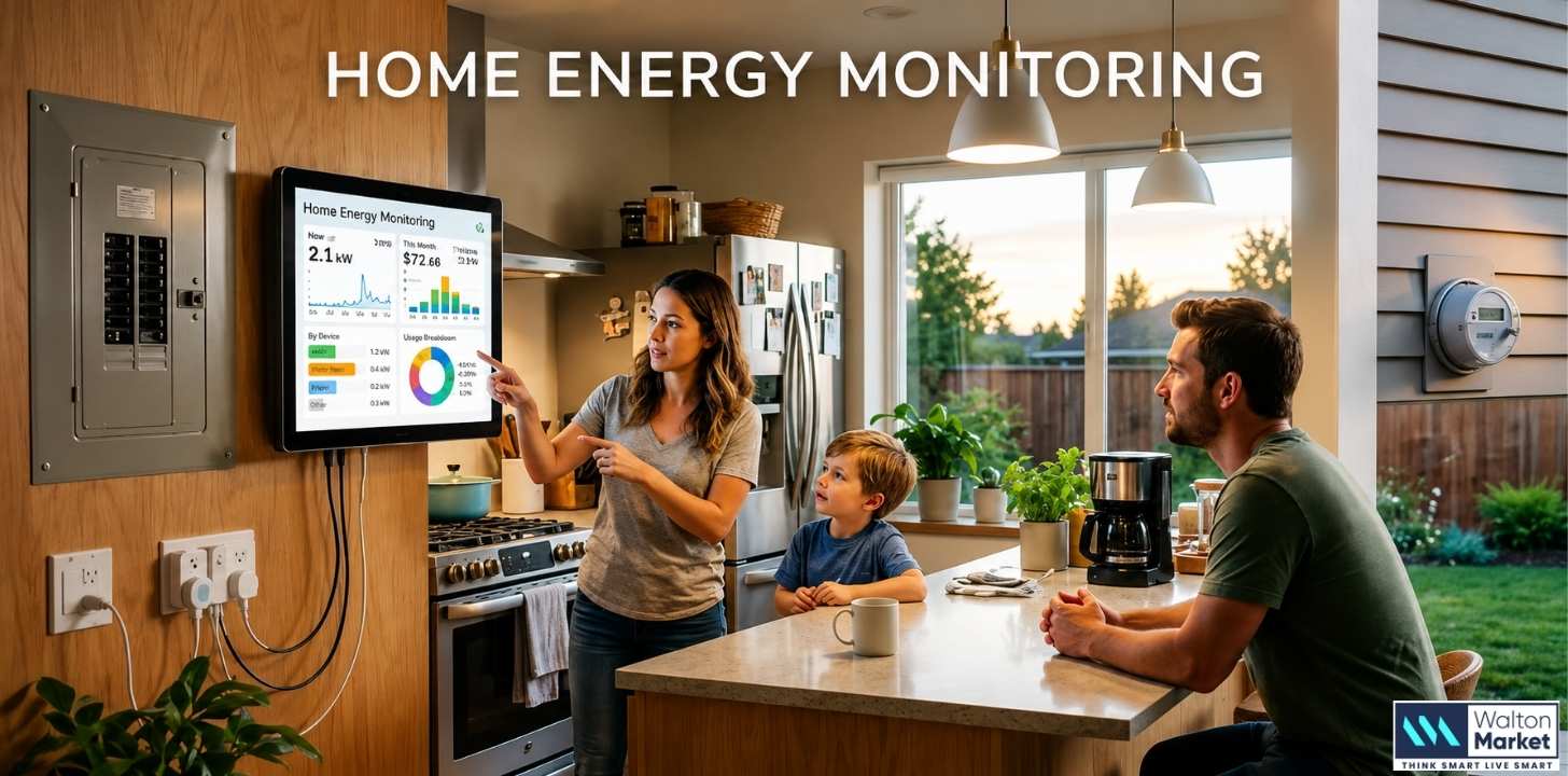 Family reviews home energy monitoring dashboard in modern kitchen, tracking electricity usage, costs, and efficiency insights for smarter decisions daily.