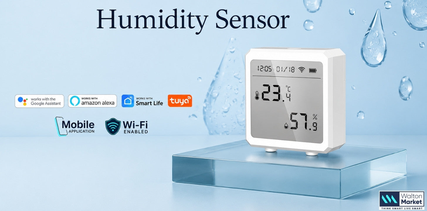 Humidity sensor with Wi-Fi connectivity, digital LCD display, and smart home compatibility on a clean blue background.