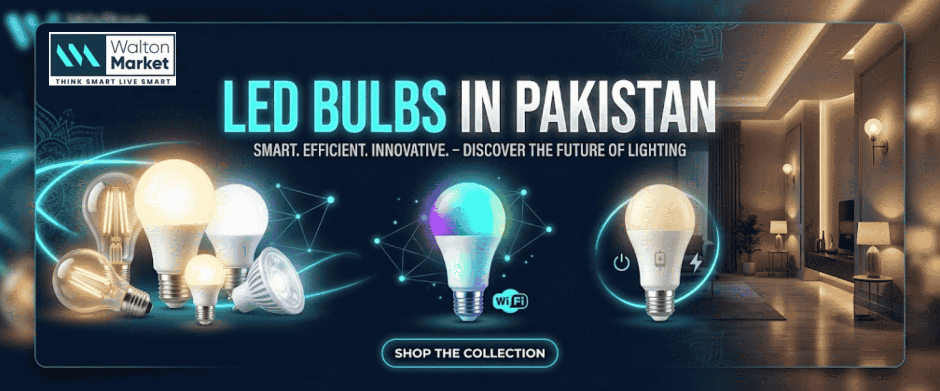Smart LED bulbs in Pakistan with RGB lighting, WiFi control, charging backup bulbs, and energy-saving home lighting solutions.