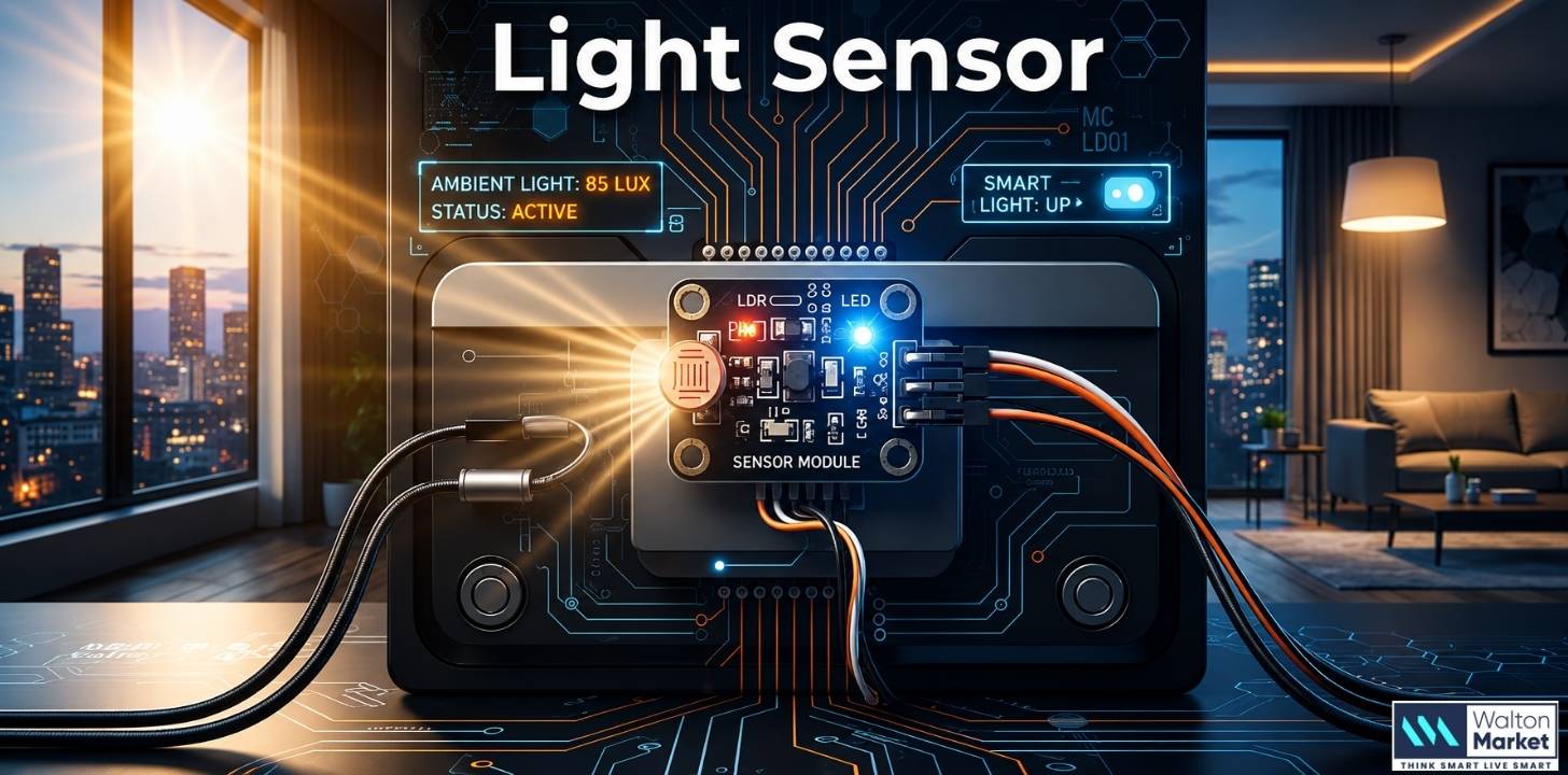 Light sensor module for smart home automation detecting ambient light to control lighting efficiently and save energy.