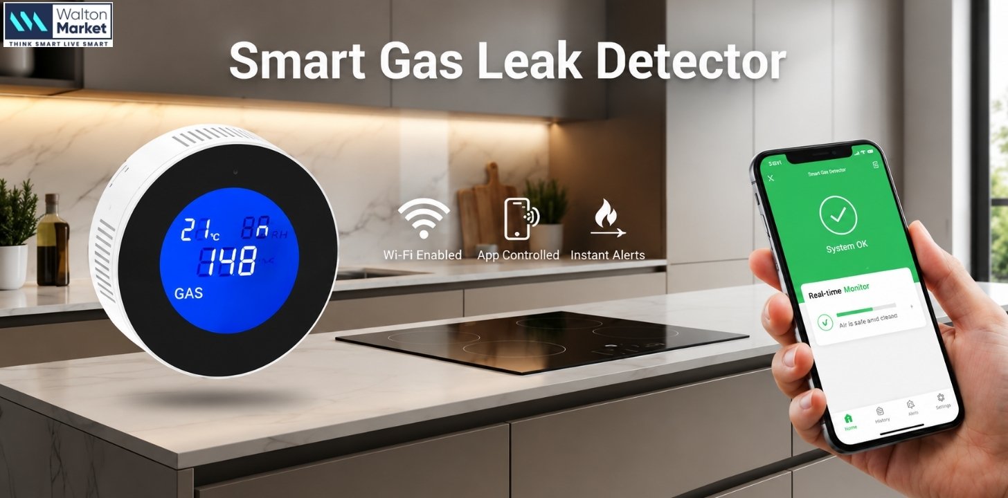 Smart gas leak detector in a modern kitchen with Wi-Fi alerts, digital gas monitoring, and smartphone app control.