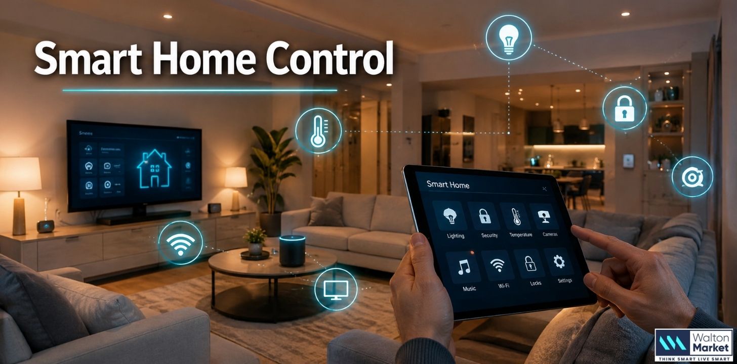 Smart Home Control dashboard managing lights, security, Wi-Fi, and climate in a modern smart home with connected devices.