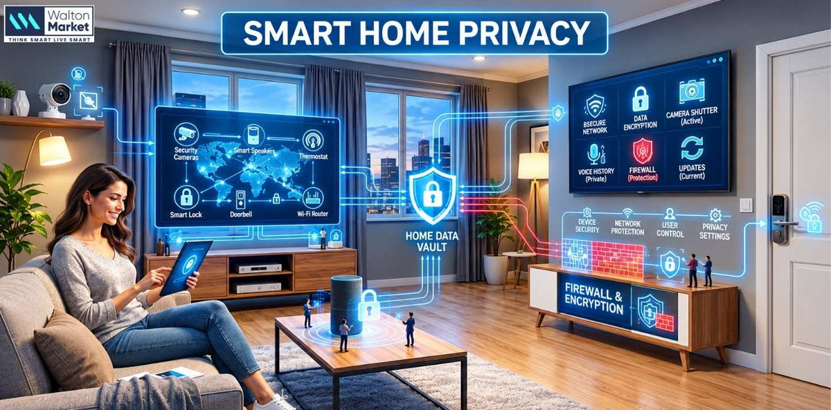 Smart home privacy system with connected devices, data encryption, firewall protection, secure networks, and privacy controls.