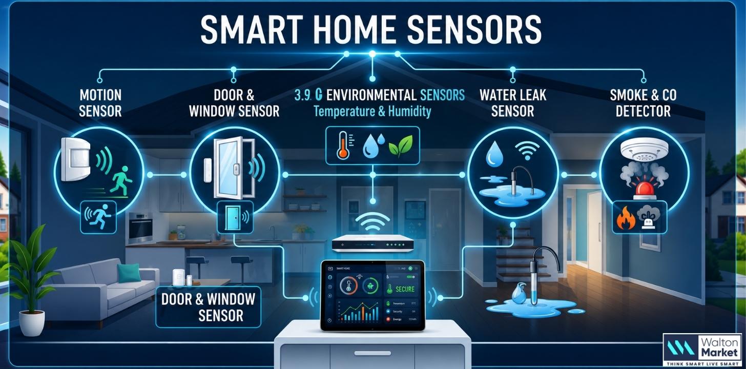 Smart home sensors infographic showing motion, door, environmental, water leak, and smoke detectors with a central control hub.