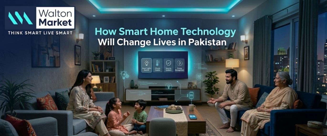  A modern Pakistani family controlling smart home devices through a smartphone. Warm living room with smart lights and a voice assistant on the table.