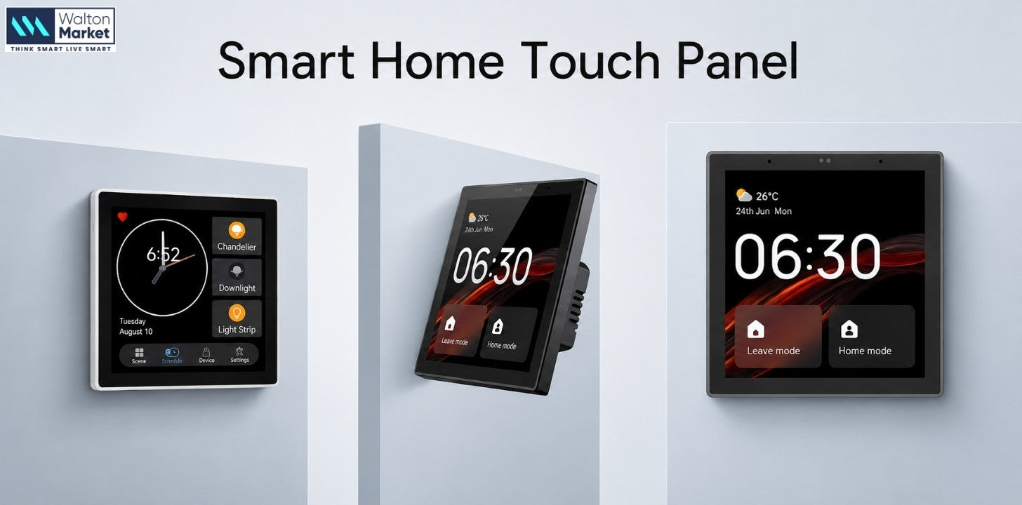 **Alt text (104 characters):** Walton Market smart home touch panel with three digital control screens displayed on modern wall panels.