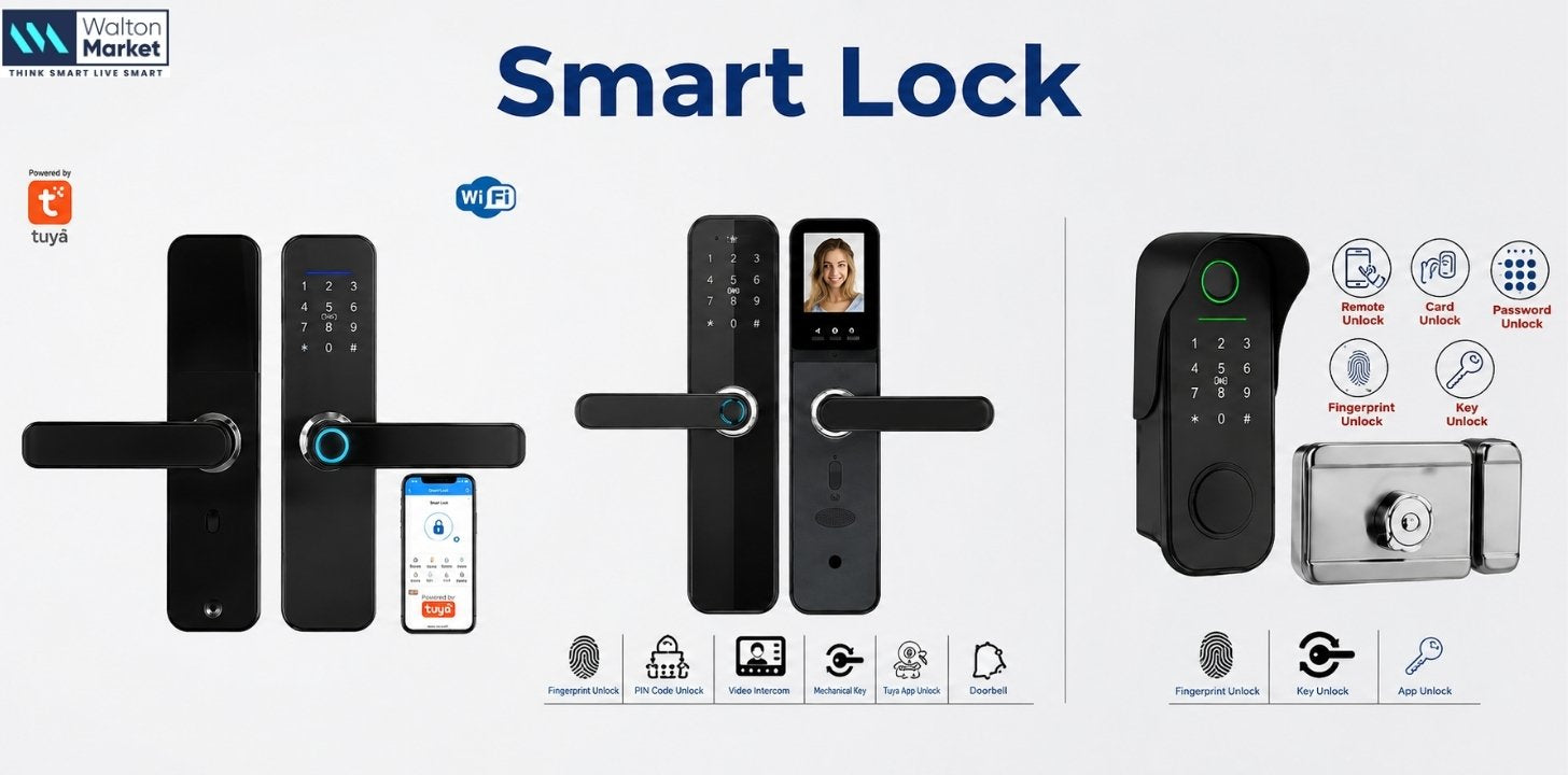Smart Lock with WiFi, fingerprint, keypad, app, card, key and remote unlock features for secure smart home access.