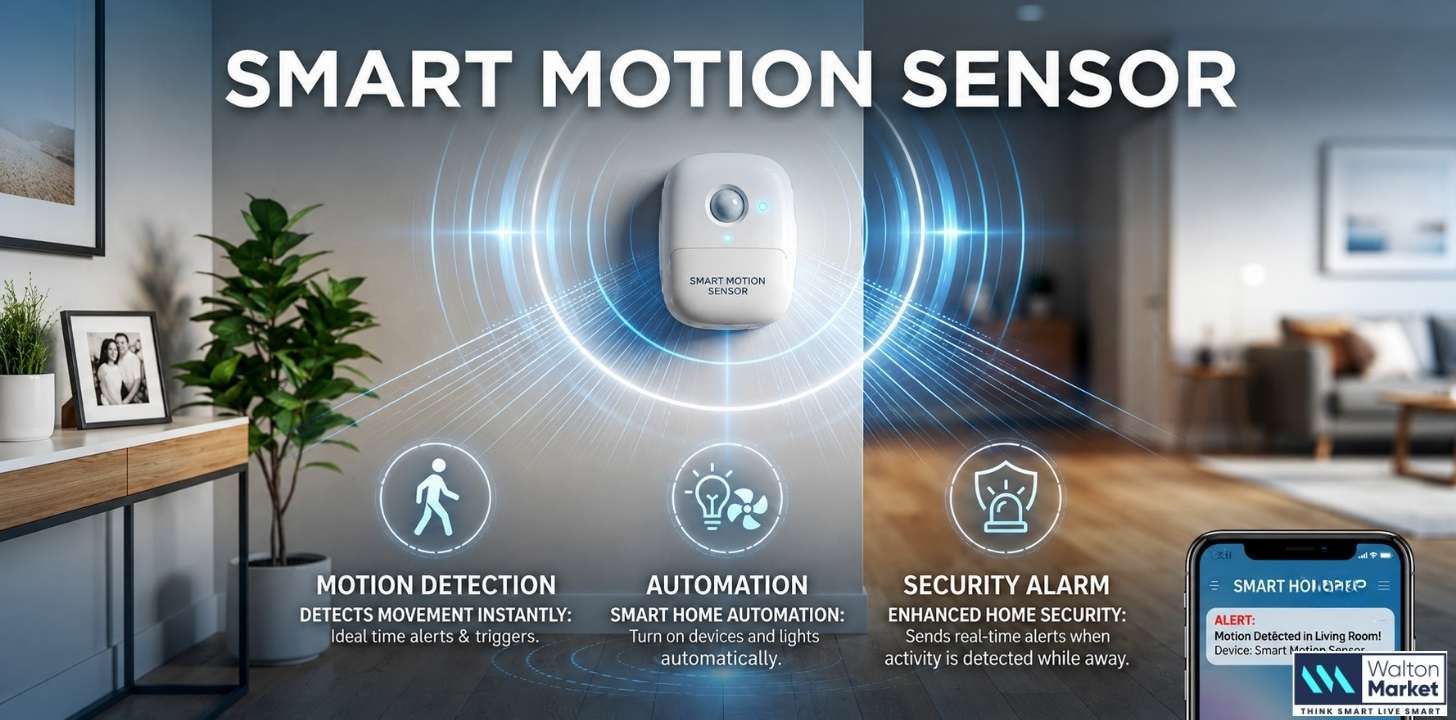 Smart Motion Sensor installed in a modern home, showing motion detection, home automation, security alerts, and app control.