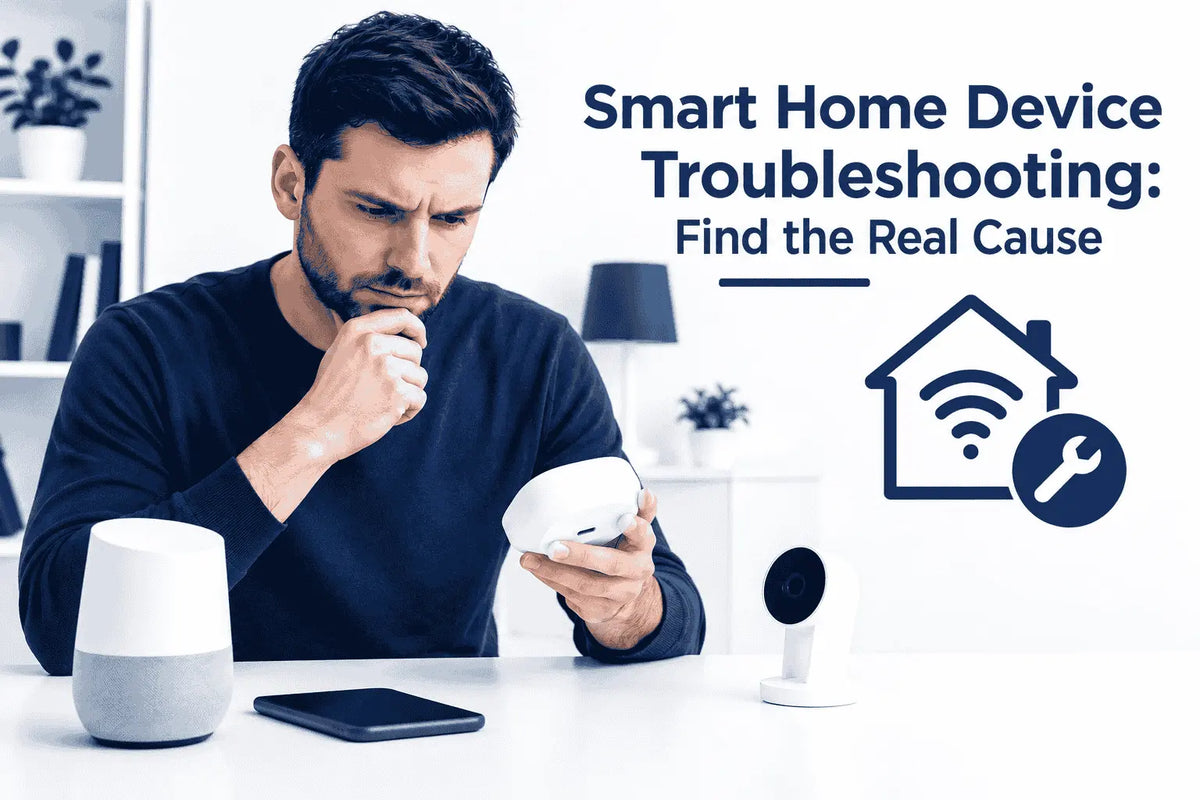 Smart home device troubleshooting overview showing a man inspecting a smart device, security camera, and Google Home.