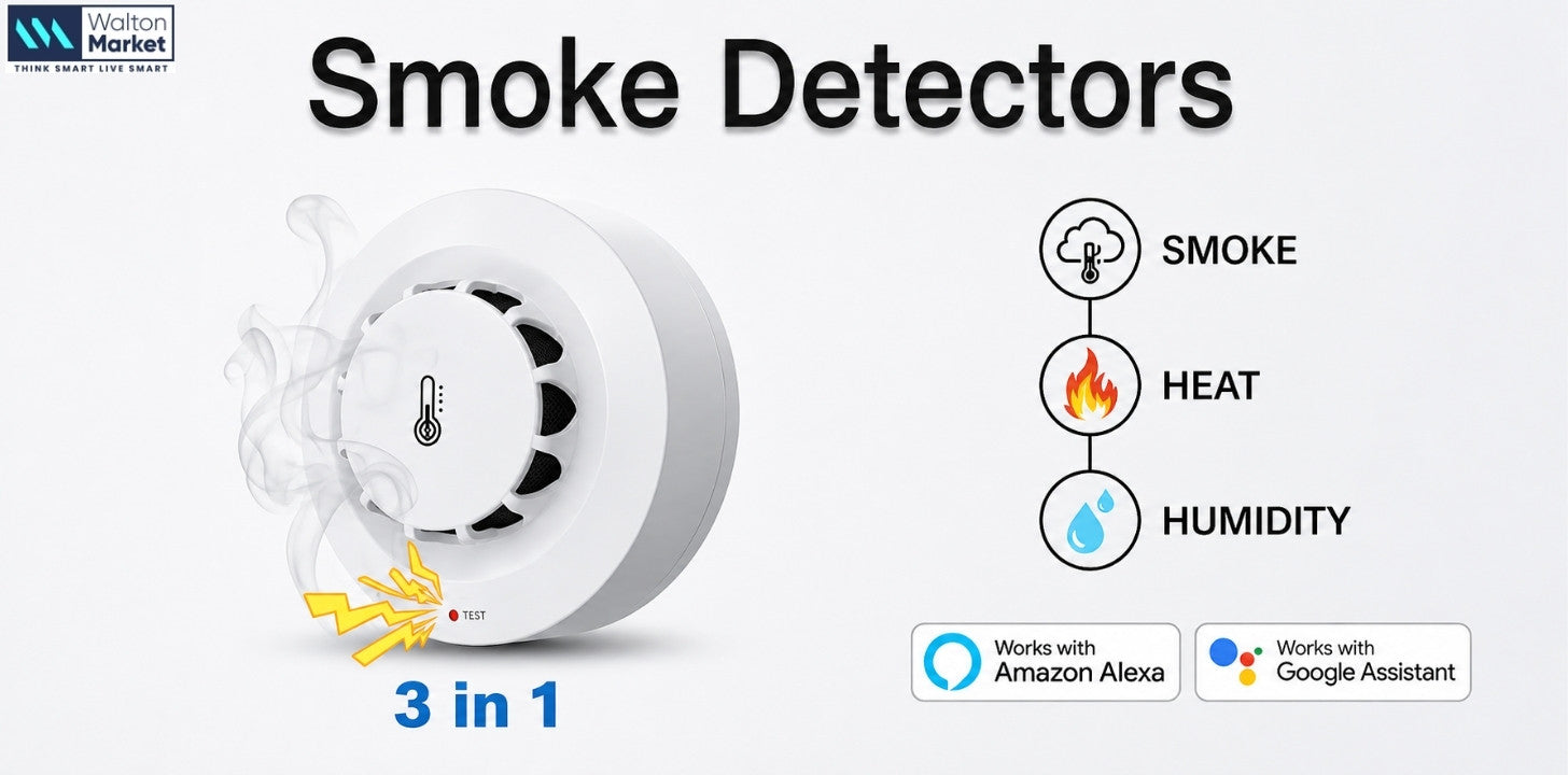 Walton Market 3-in-1 smoke detector detects smoke, heat, and humidity with Alexa and Google Assistant compatibility.