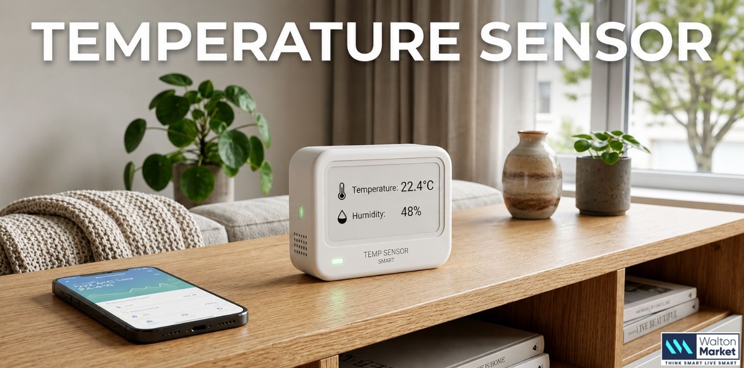 Smart temperature sensor displaying live temperature and humidity readings on a wooden table in a modern connected home.