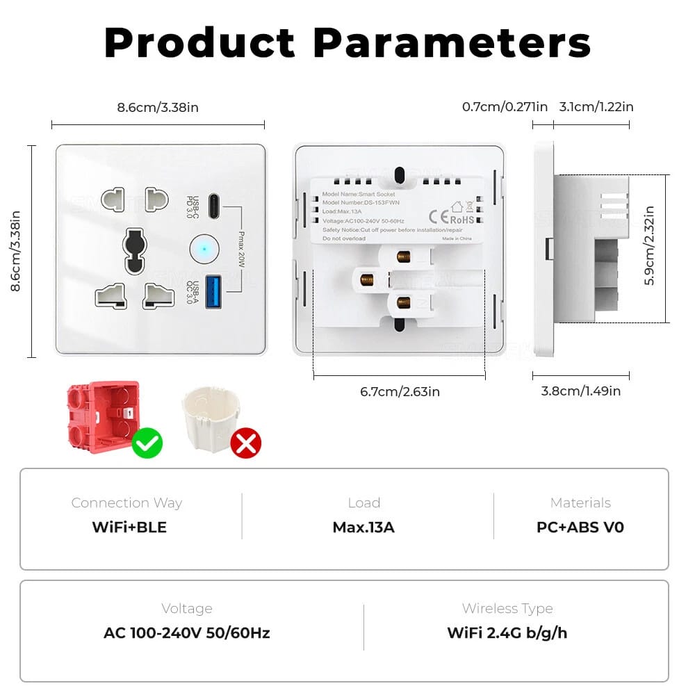 Smart Wall Socket – 13A USB / C-Type