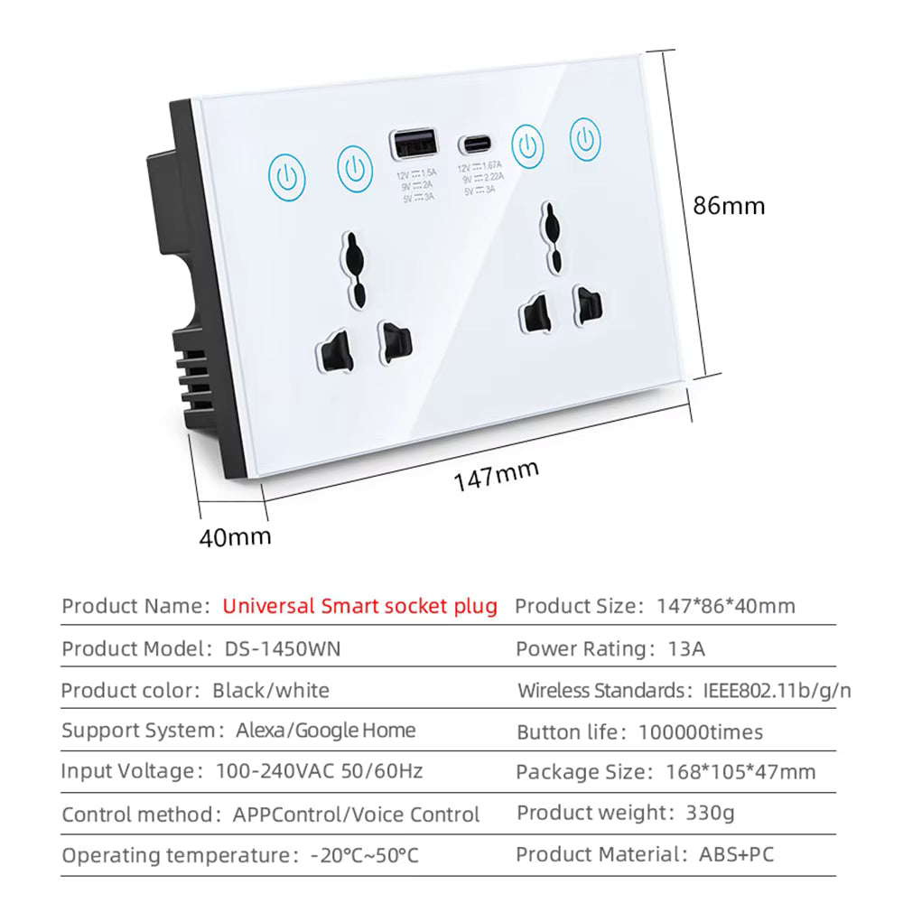 Smart WiFi Dual Wall Socket With USB/C-Type