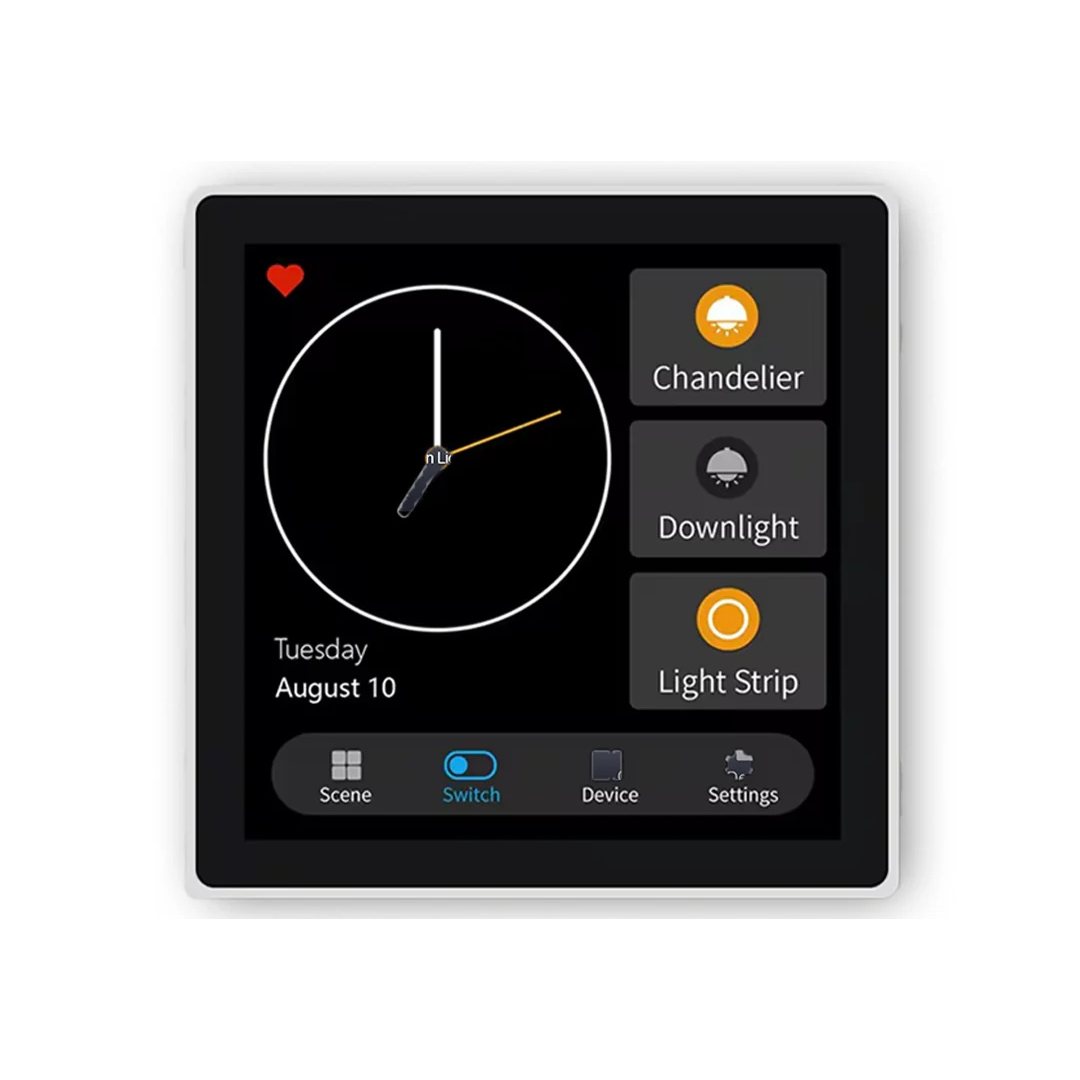 Smart Touch Screen Switch Panel with 4 Gang Relay - Zigbee displaying a clock face and active light control buttons