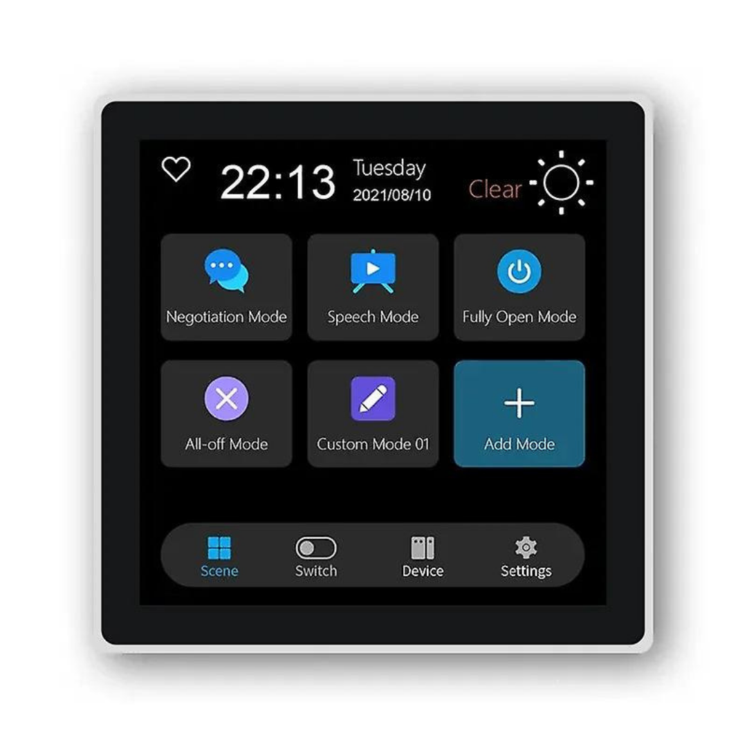 Smart Touch Screen Switch Panel with 4 Gang Relay - Zigbee showing preset scene modes like Speech and All-off Mode.