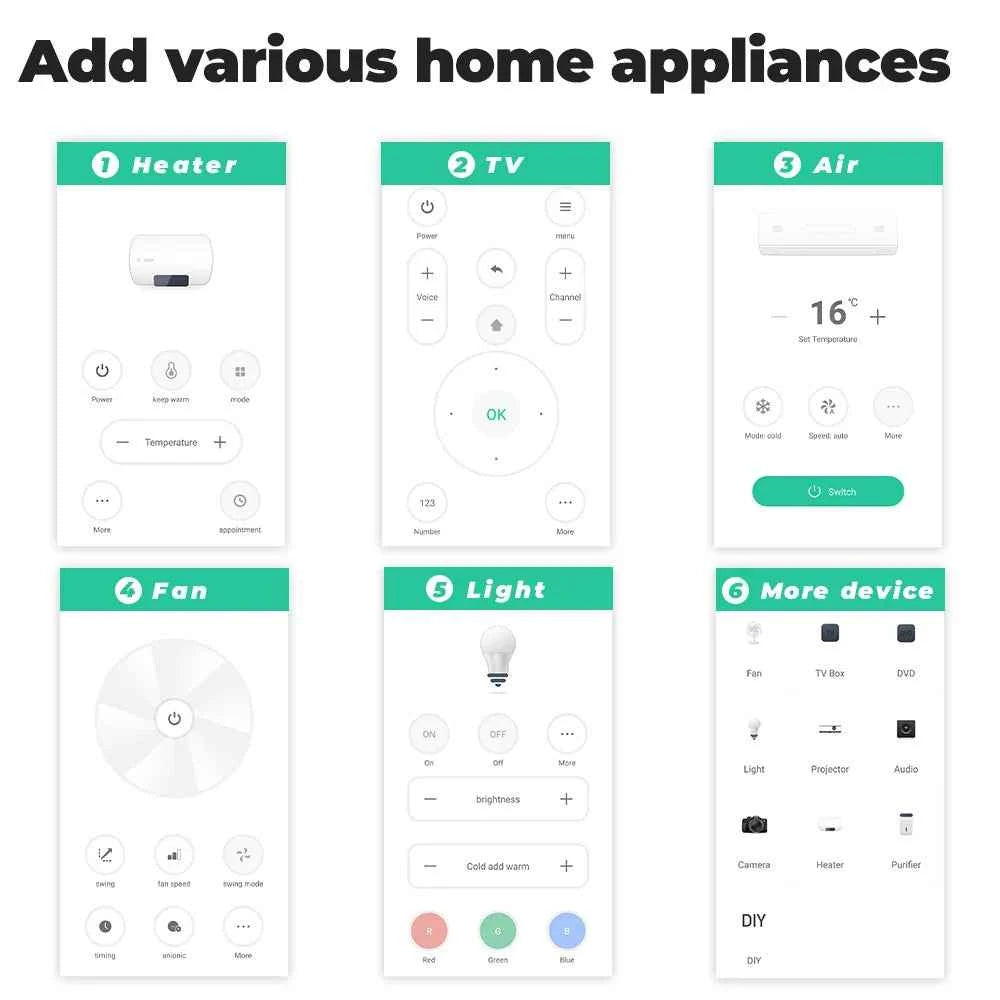 "App interfaces for Smart WiFi IR + RF Universal Remote Controller showing control options for heater, TV, and fan."