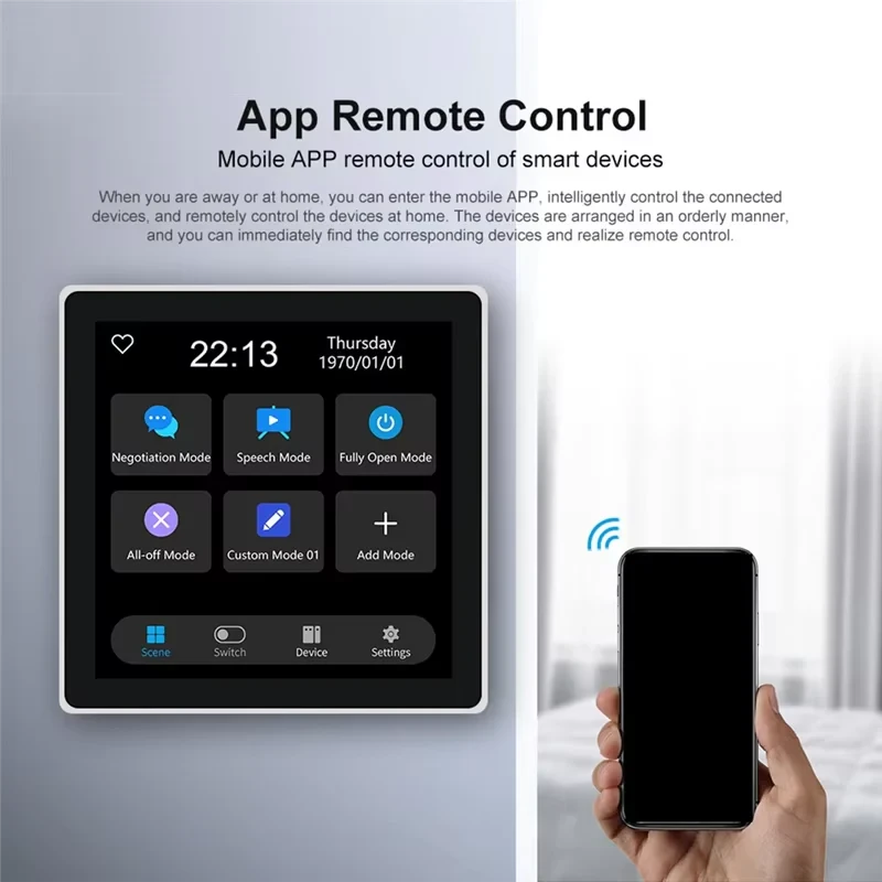 Smart Touch Screen Switch Panel with 4 Gang Relay - Zigbee detailing app remote control with a smartphone graphic.