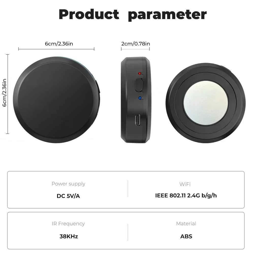 "Product dimensions and technical specs for the black Smart WiFi IR + RF Universal Remote Controller device."
