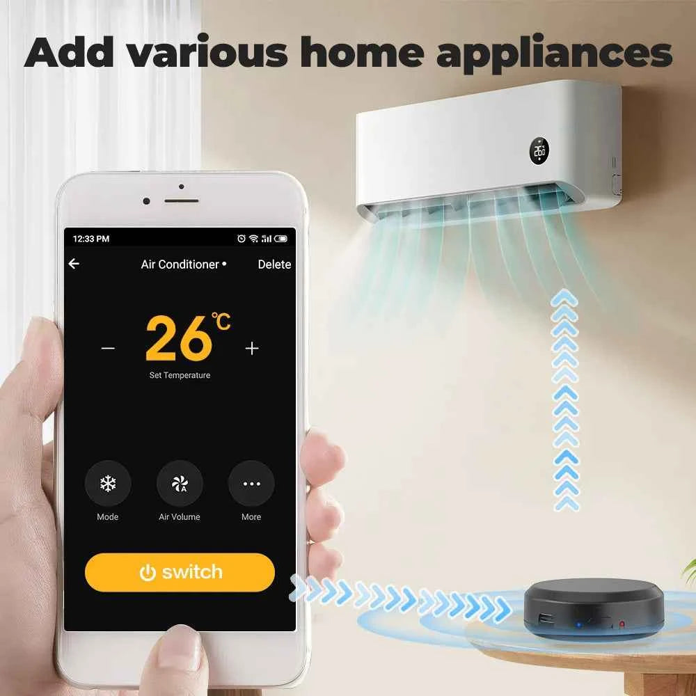 "Smartphone app using a Smart WiFi IR + RF Universal Remote Controller to adjust a wall-mounted air conditioner."