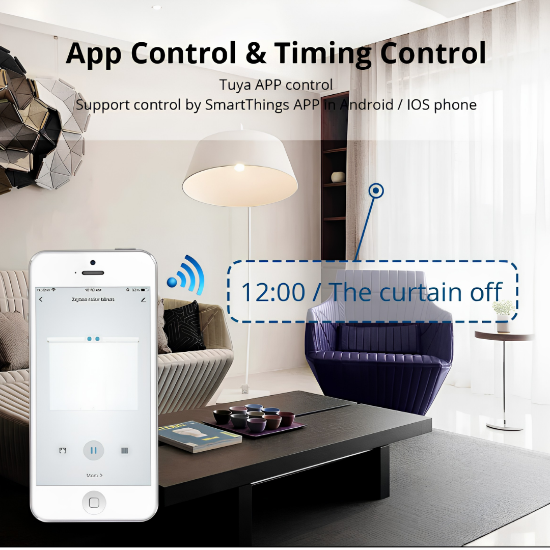 App control and timing interface display for the Smart WiFi Curtain Motor with Extendable Track on a smartphone.