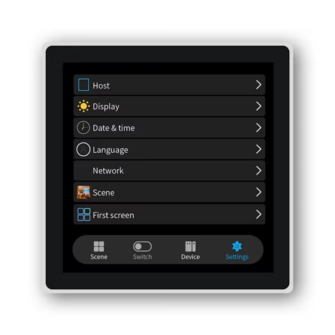 Smart Touch Screen Switch Panel with 4 Gang Relay - Zigbee screen view showing the system settings menu panel.