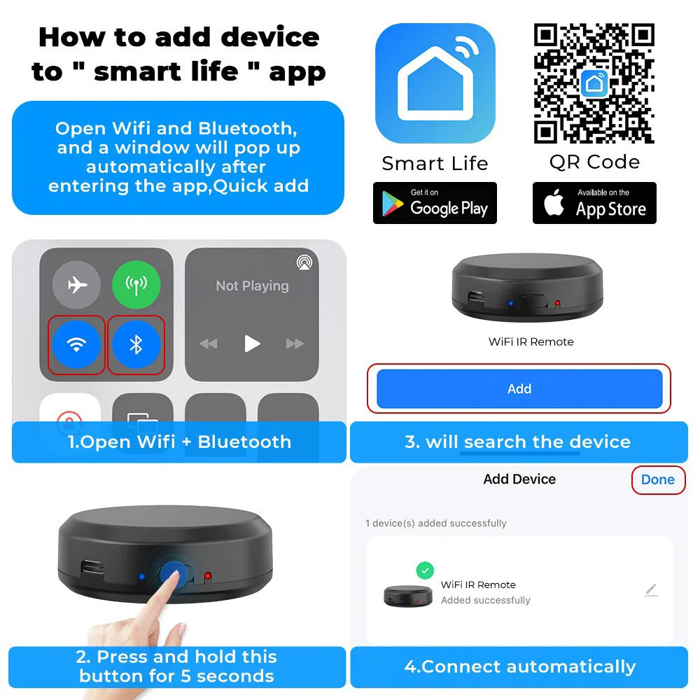 "Step-by-step instructions on how to pair a Smart WiFi IR + RF Universal Remote Controller with the Smart Life app."