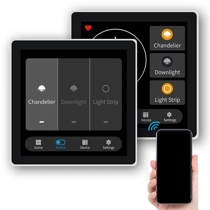 Two overlapping Smart Touch Screen Switch Panel with 4 Gang Relay - Zigbee screens controlled via a smartphone app.