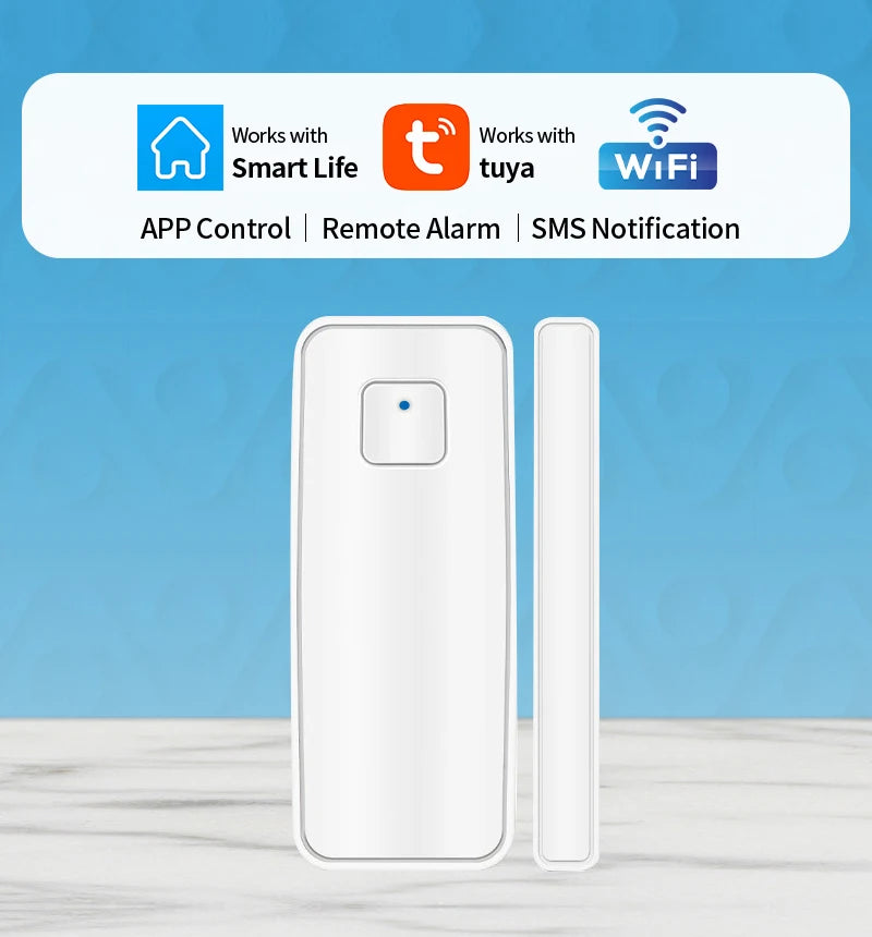 Smart WiFi Door & Window Sensor highlighting Tuya, Smart Life, and mobile notification features.