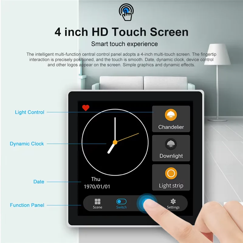 A hand tapping a 4-inch HD Smart Touch Screen Switch Panel with 4 Gang Relay - Zigbee display in a home setting.