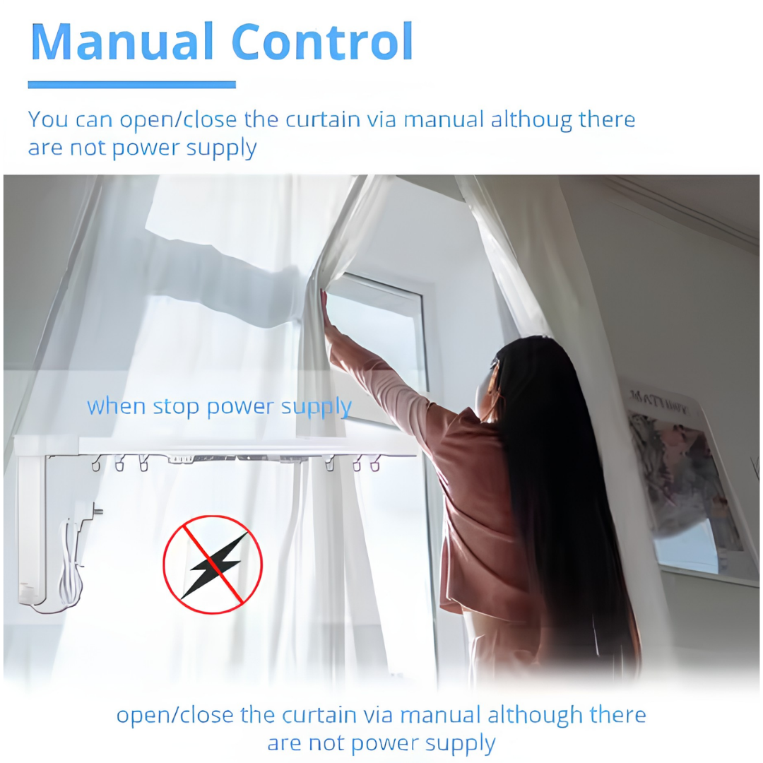 Manual control feature of the Smart WiFi Curtain Motor with Extendable Track being operated by hand without power supply.