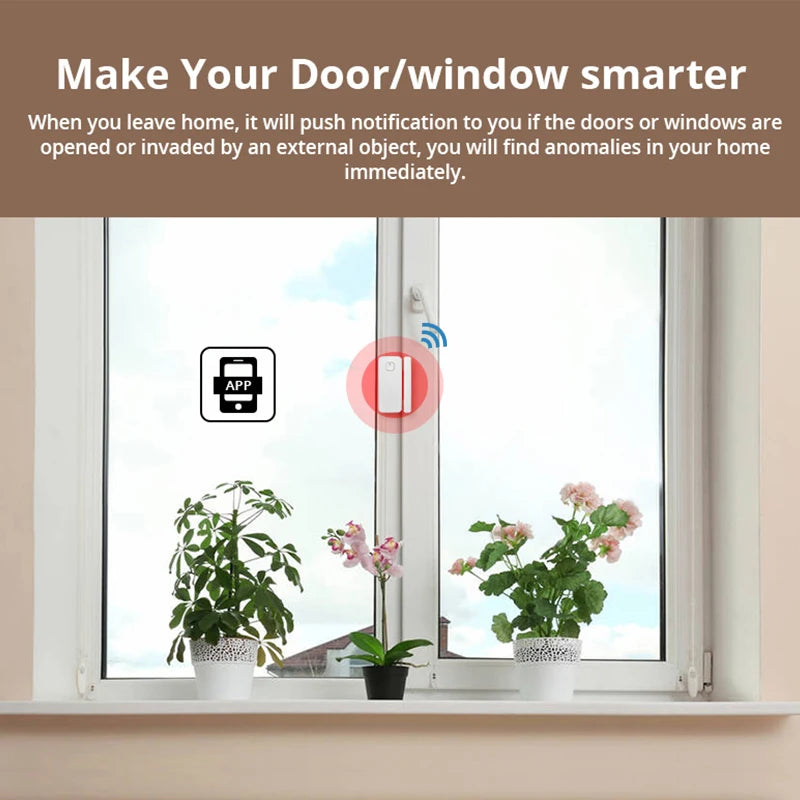 Smart WiFi Door & Window Sensor mounted on a home window above potted orchid and green plants.
