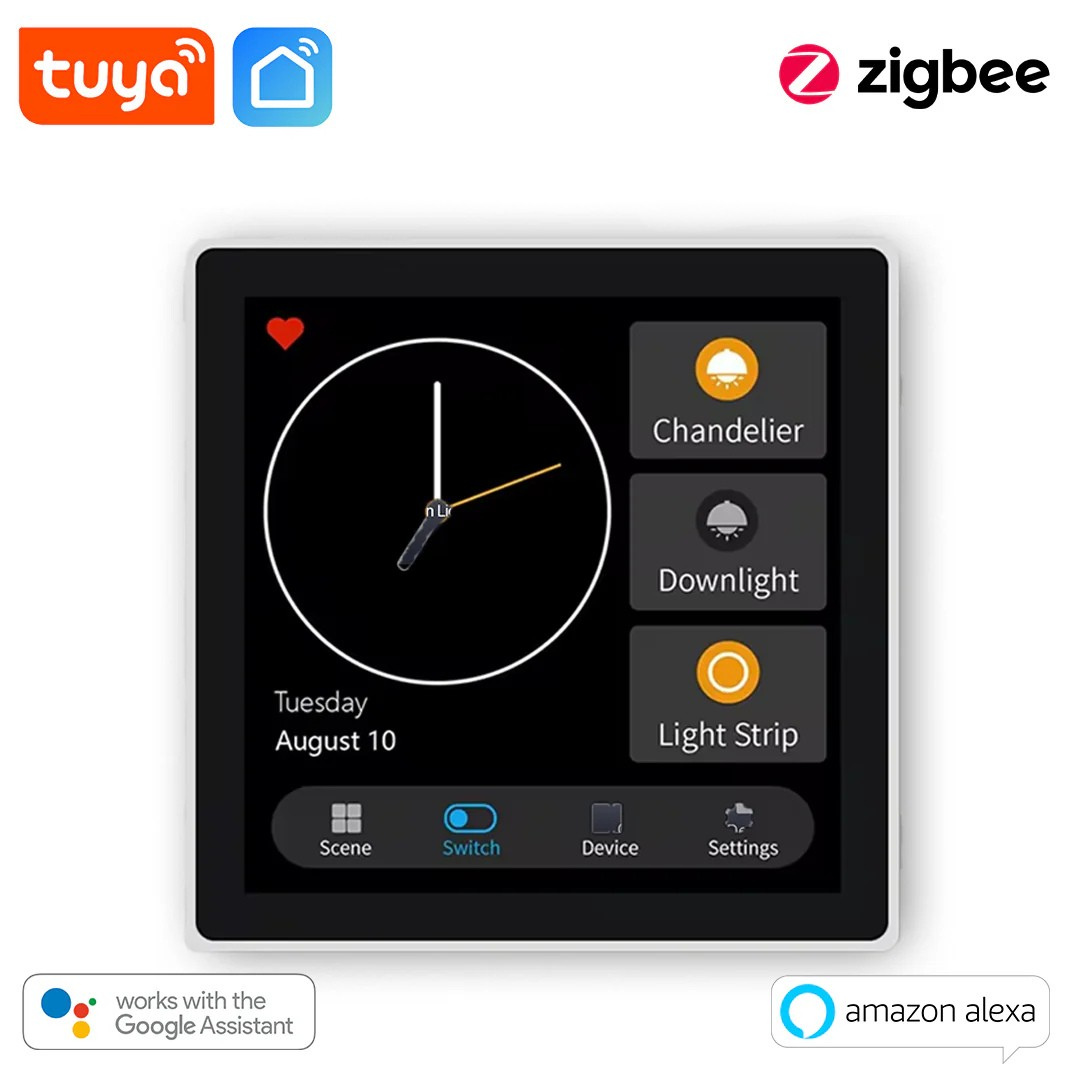 Smart Touch Screen Switch Panel with 4 Gang Relay - Zigbee framed by Tuya, Zigbee, Alexa, and Google Home badges.